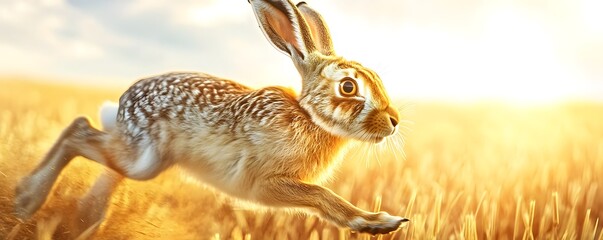 Obraz premium Hare runs through golden wheat field under the sun