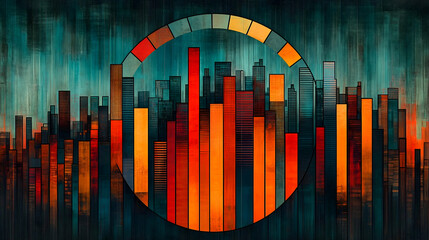 Cityscape art features colorful stylized buildings beneath an arch on a textured teal background