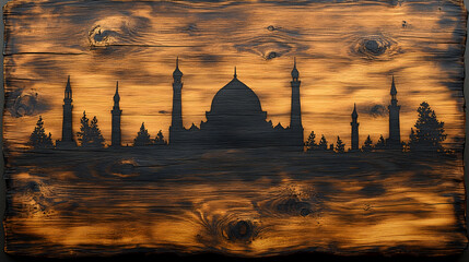 Fototapeta premium Carved wood depicts a grand mosque silhouette with minarets and trees on the wooden planks background