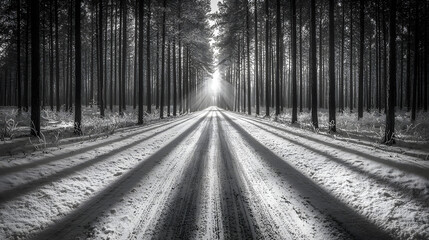 Fototapeta premium winter road through pine forest with frosted branches, golden hour light casting long shadows pine forest, frosty trees, golden hour, long shadows, cold road, silent drive, winter tour, nature 