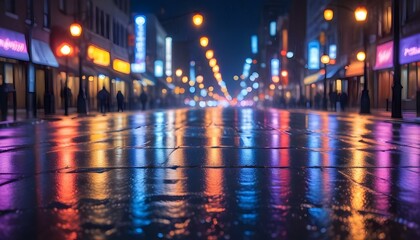 A wet city street glows with colorful neon lights, reflecting beautifully on the ground at night.