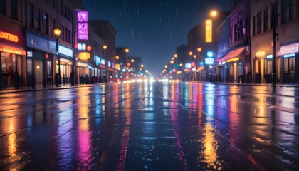 Obraz premium A stunning view of a wet street at night with neon reflections during a rainy evening.