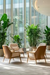 Modern Office Lounge Area with Comfortable Armchairs and Lush Green Plants Creates a Tranquil Atmosphere
