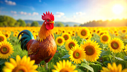 Playful 3D chicken character standing on green field with sunflower background