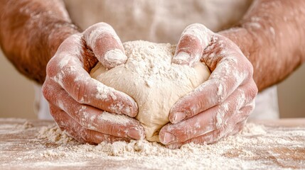 Hands Kneading Dough with Flour on Wooden Surface for Baking