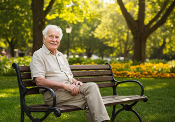 Fototapeta premium Elderly man smiling on bench in sunny park