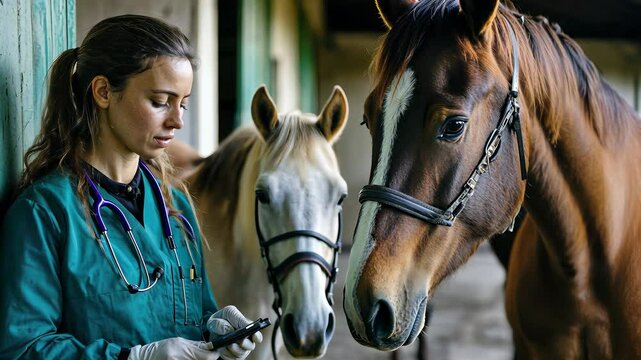 Veterinarian checking messages while standing with horses in a barn