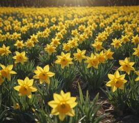 Sunlit field of vibrant yellow daffodils in full bloom ,  springtime,  bright