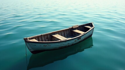 Obraz premium A weathered wooden rowboat gently floats on serene teal water, its aged wood reflecting the tranquil surface