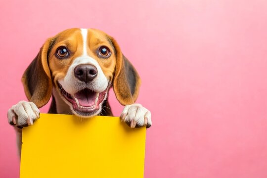 Critter holding message. Dog billboard mockup. Dog creative ad. Ð¡ute dog beagle hold in front paws a concept - large yellow alley sign. Isolated canine on a solid suit pink background.