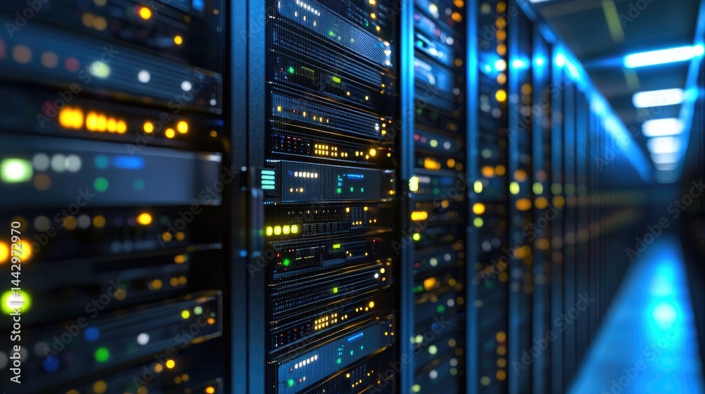 Poster close-up of active server racks with glowing yellow and green led lights in a blue-lit corridor, ide