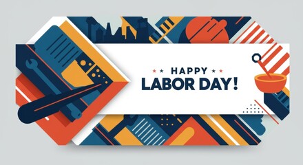 Geometric Labor Day Graphic with Tools and Cooking Utensil.