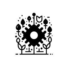 Obraz premium Nature Technology Integration: Abstract Gear Surrounded by Plants in Minimal Flat Black and White Graphic Style