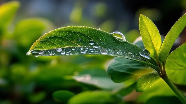 Slow Motion Dewdrop Rolling on Leaf in Morning Light (Macro Shot)