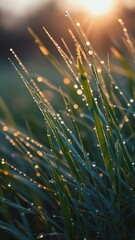 Abstract macro of dew covered grass reflecting morning sun Shimmering tiny wor