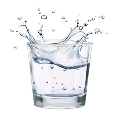 Clear glass cup filled with water splashing and droplets flying in midair isolated on white background with high detail and focus