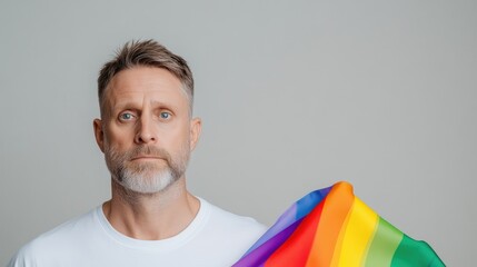 Man holding Pride flag, serious expression