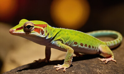 Fototapeta premium A small green lizard with vibrant red spots on its face perched on a rock, awaiting prey or basking in the sun