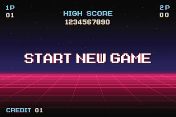 Start new game by selecting a player or exiting the game's main menu. Modern trendy game background with lighting effect. pixel art 8-bit.
