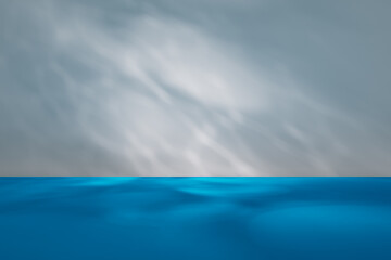 Studio background for display product. Empty room with shadows, caustics and soft lighting for product presentation. Minimalistic showcase for advertisement with gray wall and blue floor.