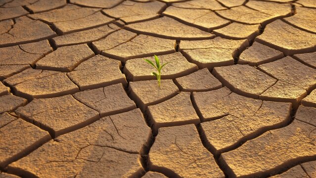 Fresh green sapling emerging from cracked dry ground after drought Hope and re