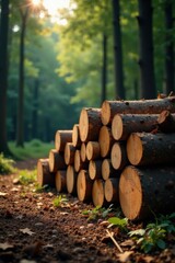 Sunlit Logs Stacked in a Verdant Forest Path