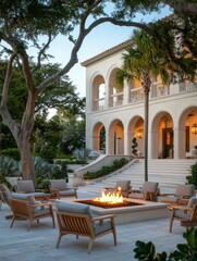 Fototapeta premium Elegant exterior evening scene of a luxurious villa with outdoor furniture and inviting fire pit