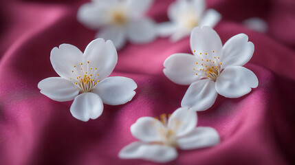 delicate white cherry blossoms on dark pink silk