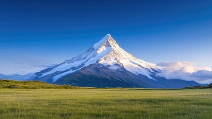 Fototapeta premium Majestic peak, pristine snow-capped mountain, vibrant blue sky, lush meadow