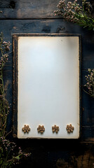 A blank piece of paper on a wooden board with wooden flower decorations and dried flowers surrounding it
