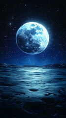 A blue moon shines over a desolate planet with a star-filled sky showing vast craters and barren landscape