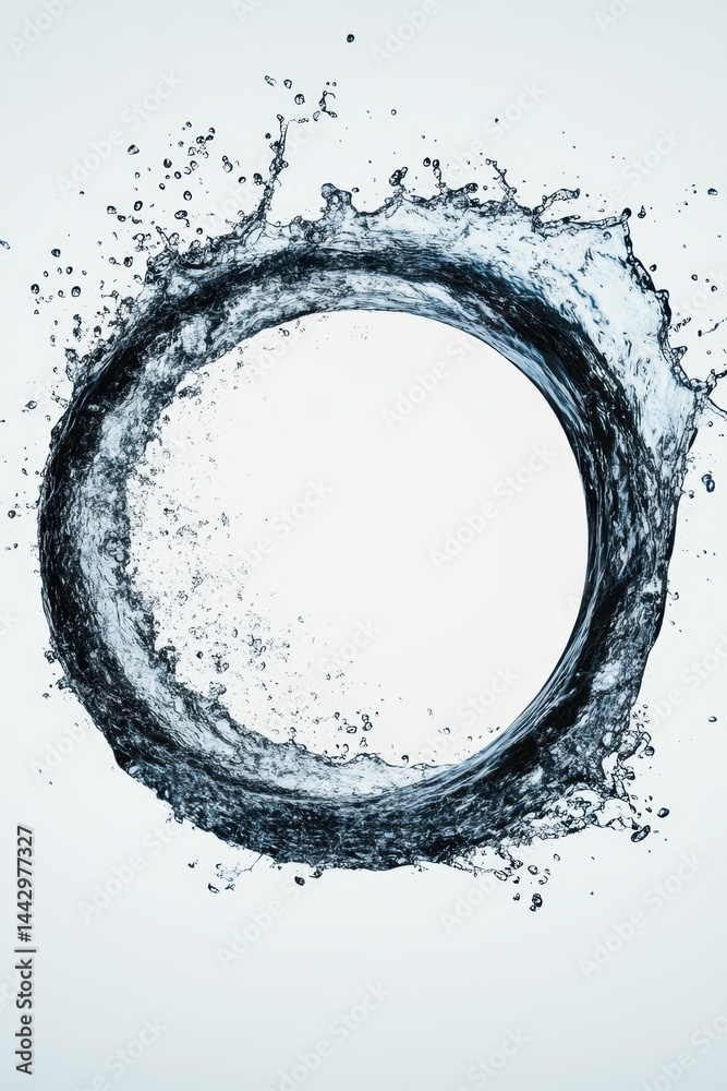 Poster Elegant ring of splashing water against clean white backdrop circular motion creating natural form