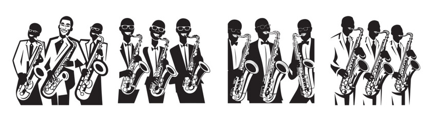 silhouette of musicians playing saxophone