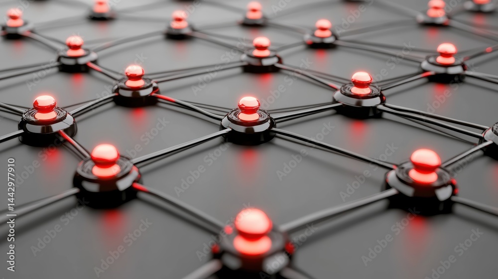 Fototapete Illuminated Network Node Array on Gray Surface with Sharp Focus Rendering Technology Connection Design