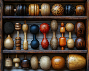 Wooden forms fill shelves Art objects with spheres and cylinders Varied textures and colors Rich display