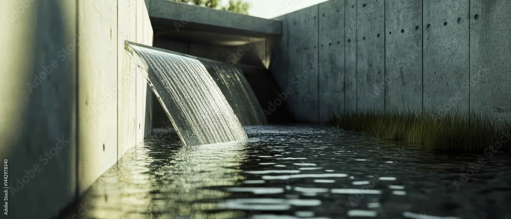 Poster Serene Concrete Waterfall Splashes into Tranquil Water Canal Creating Reflections in Modern Architecture