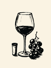 Red wine glass with grapes and cork, ink sketch black on white