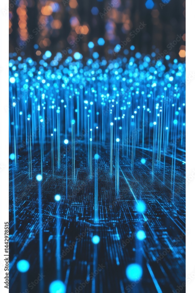 Poster Abstract digital landscape with glowing blue lines and bokeh lights showcasing technology and network connectivity