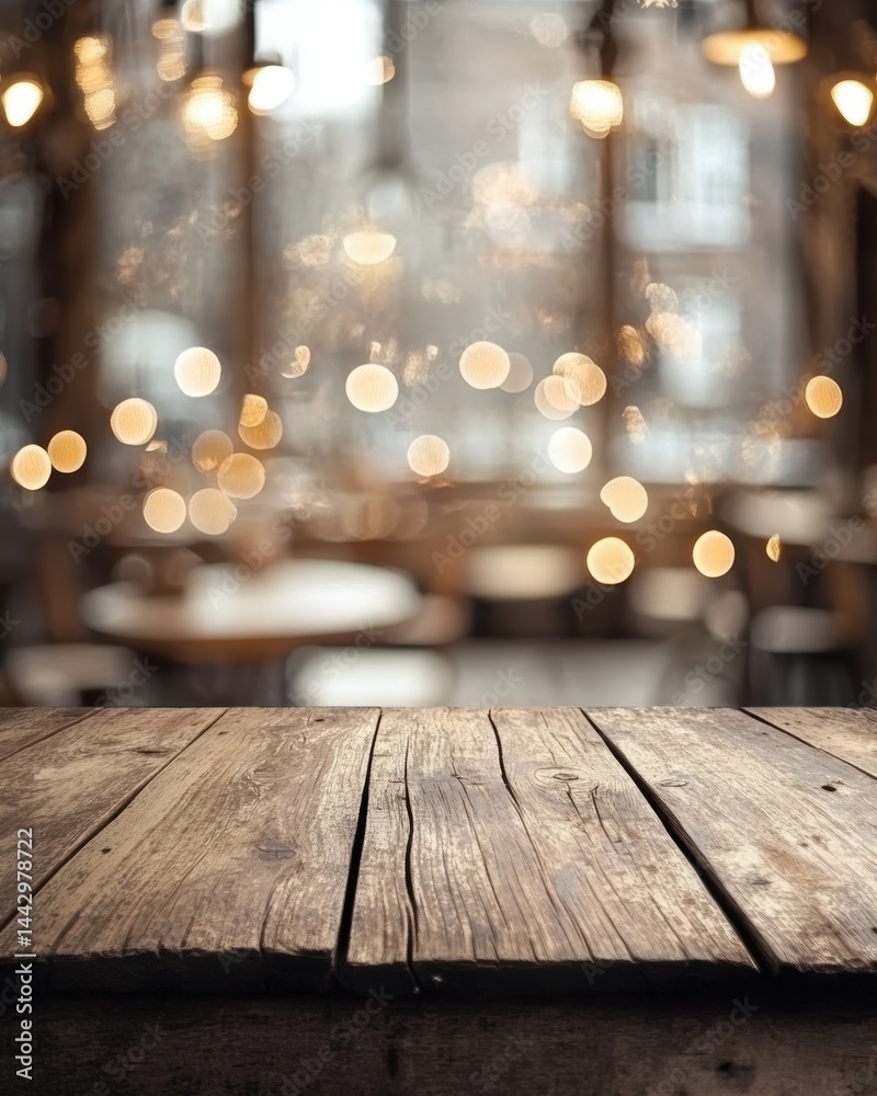 Aufkleber rustic wooden table in cozy cafe with bokeh lights background warm ambiance creating welcoming atmos
