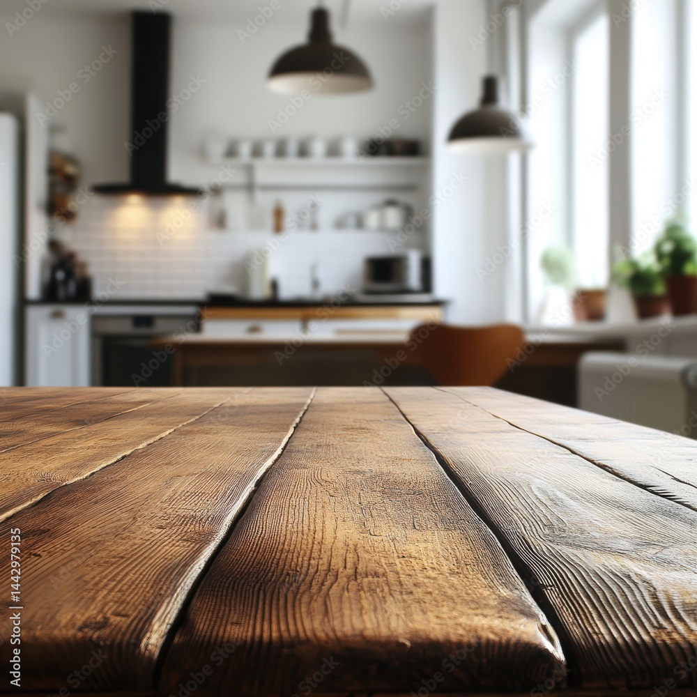 Poster rustic wooden tabletop in bright kitchen a blend of natural warmth and modern design for product dis
