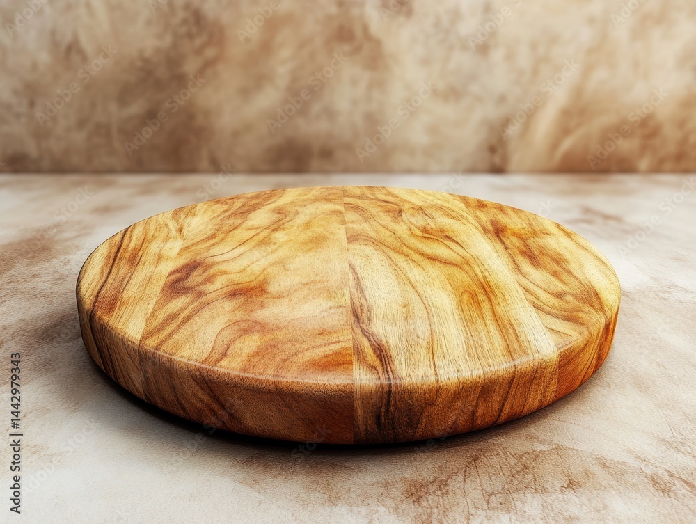 Aufkleber wooden round tray on a textured surface warm light simple scene minimalist composition for food prod