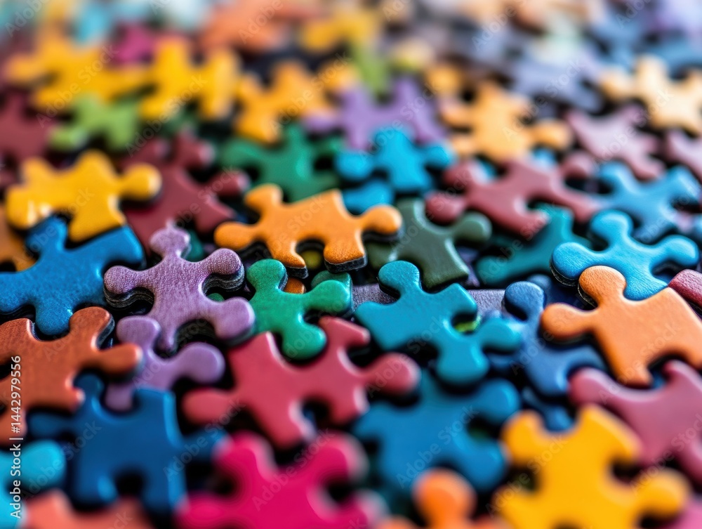 Poster Colorful Puzzle Piece Close Up Macro Abstraction Background for Creative Education and Unity Concepts