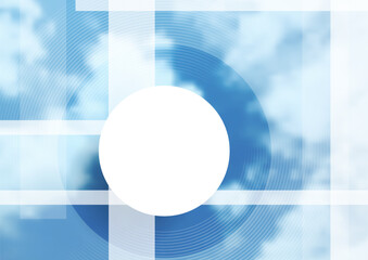 Sky clouds tech background with minimal white geometric stripes and circles. Vector futuristic design