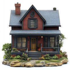 charming model house with intricate details, surrounded by greenery and rocks, evokes warmth