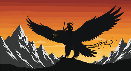 Warrior and Eagle Silhouette: Epic Mountain Adventure