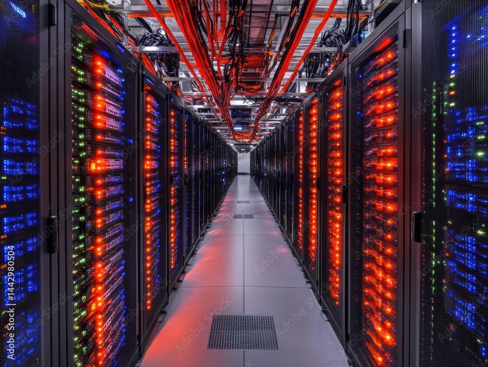 Poster Captivating View of a Data Center Server Room with Vibrant Lights and Complex Cable Network Architecture