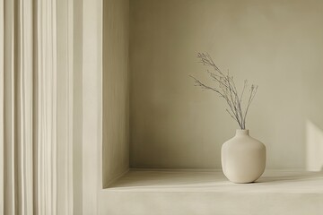 Simple vase with dried plants on a light beige shelf.