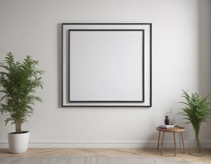 White wall, framed poster mockup hanging on clips, home setting, bright, office, living room