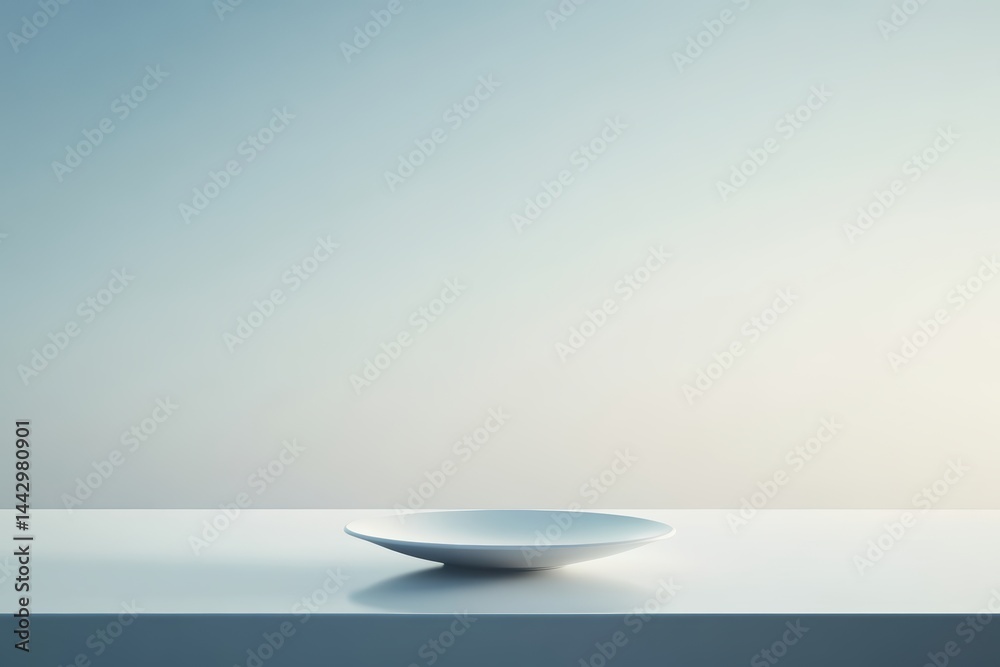 Poster minimalist porcelain bowl display on a sleek modern table soft lighting and serene atmosphere perfec