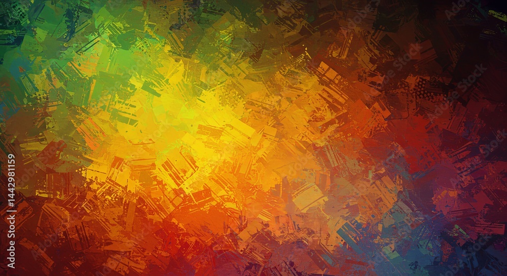 Poster a colorful abstract painting with splatters of paint and brush strokes